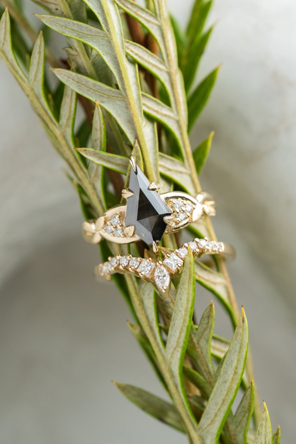 1.25 Carat Black Speckled Kite Diamond Engagement Ring, Leaf Quinn Setting, 14k Yellow Gold
