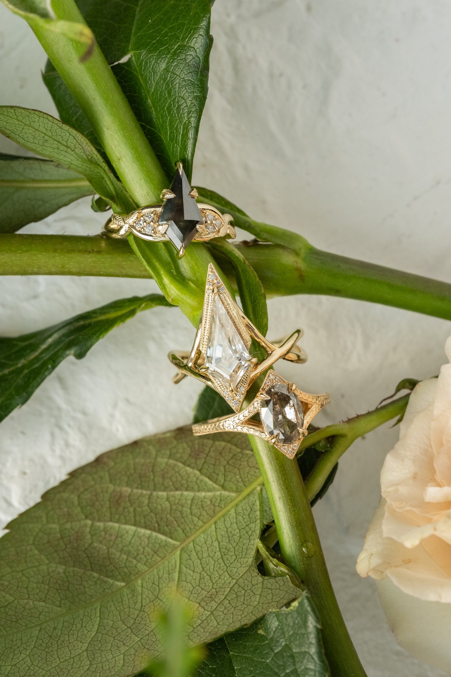 1.25 Carat Black Speckled Kite Diamond Engagement Ring, Leaf Quinn Setting, 14k Yellow Gold