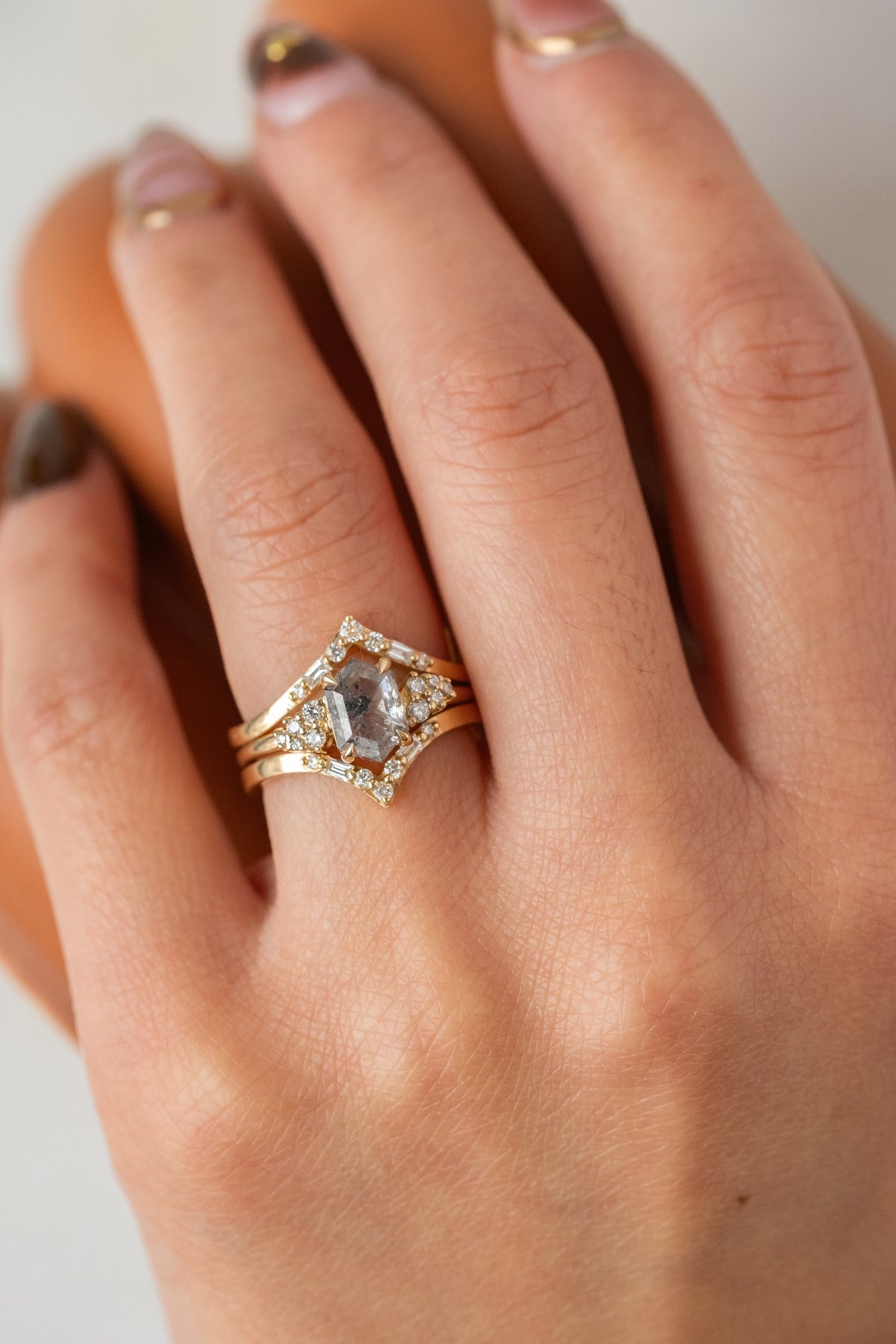 2.34 Carat Icy Salt and Pepper Hexagon Diamond Engagement Ring, Aspen Setting