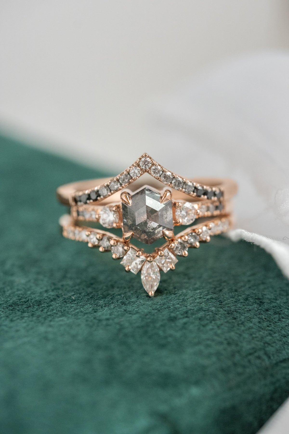 1.31 Carat Salt and Pepper Hexagon Diamond Engagement Ring, Ombre Eliza Setting