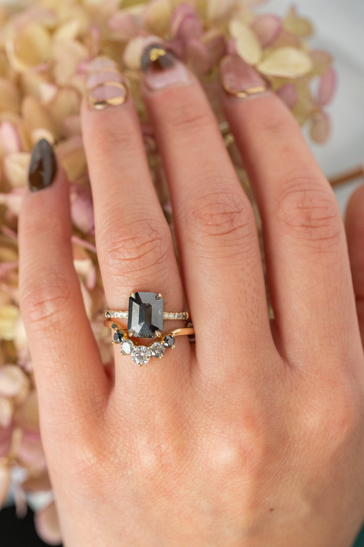 1.39 Carat Black Emerald Shaped Diamond Engagement Ring, Ombre Jules Setting