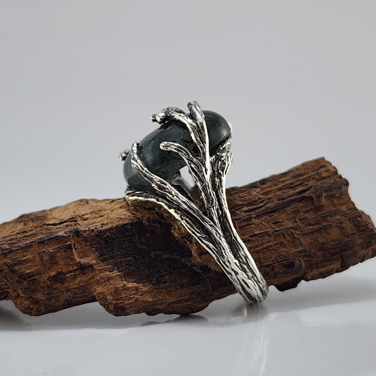 Oval Moss Agate Cabochon Gemstone Ring