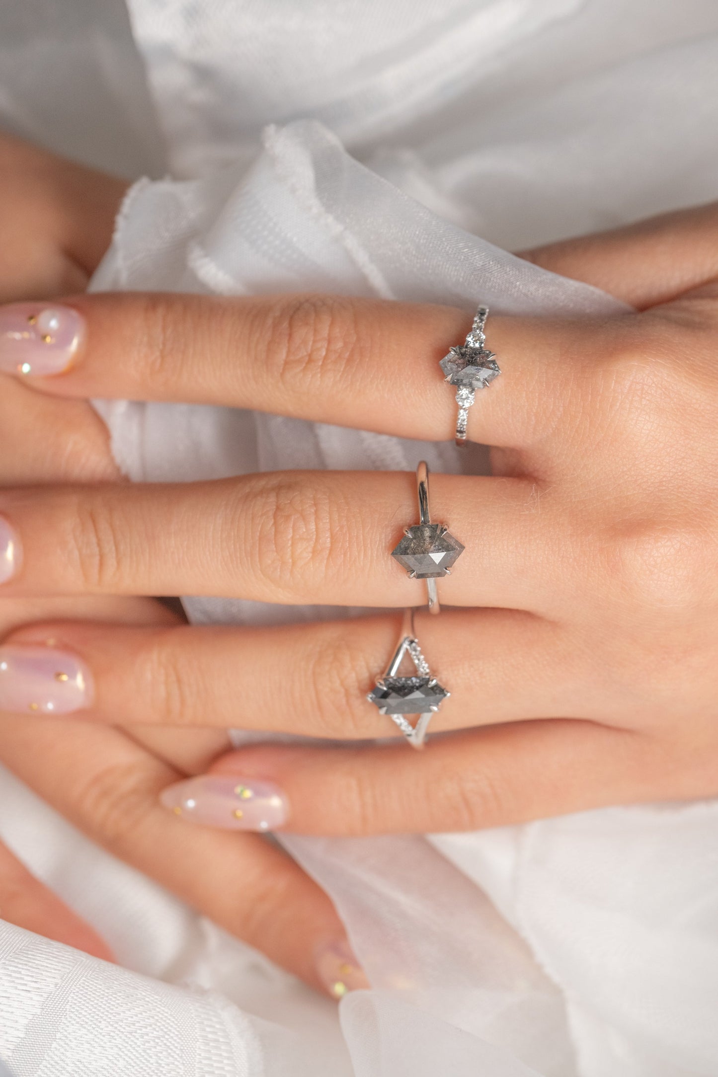 1.35 Carat Black Salt and Pepper Hexagon Diamond Engagement Ring, Ombre Sirena Setting