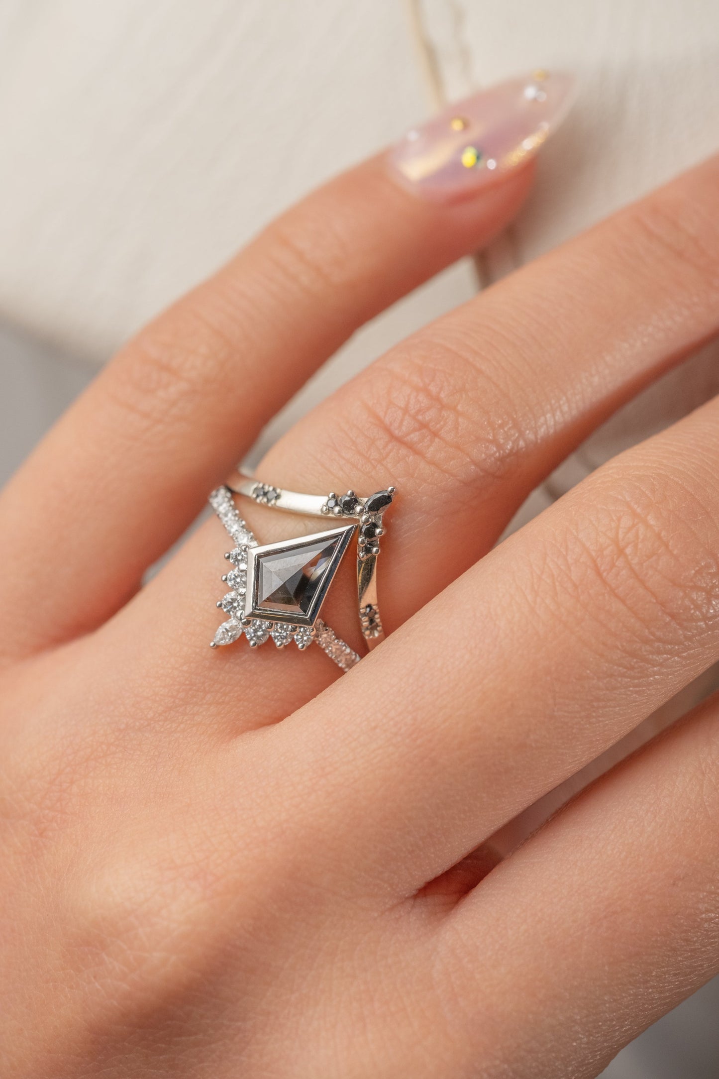 1.17 Carat Black Salt and Pepper Kite Diamond Engagement Ring, Bezel Avaline Setting