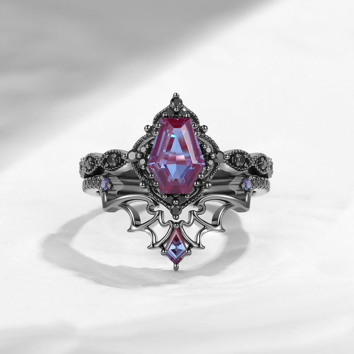 'Dark Romance' - Gothic Coffin Cut Garnet Engagement Ring Set with Bat Wings in Black Gold - Bat Ring