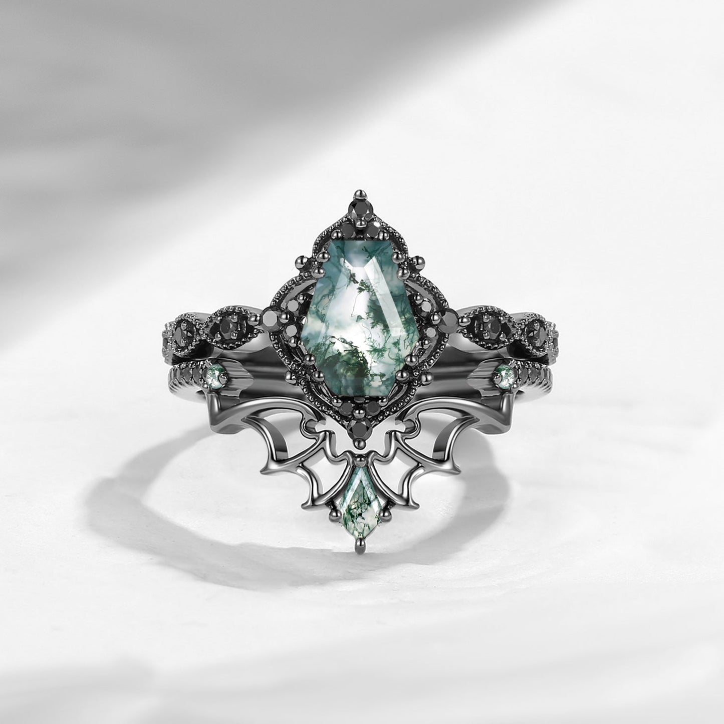 'Dark Romance' - Gothic Coffin Cut Amethyst Engagement Ring Set with Bat Wings in Black Gold