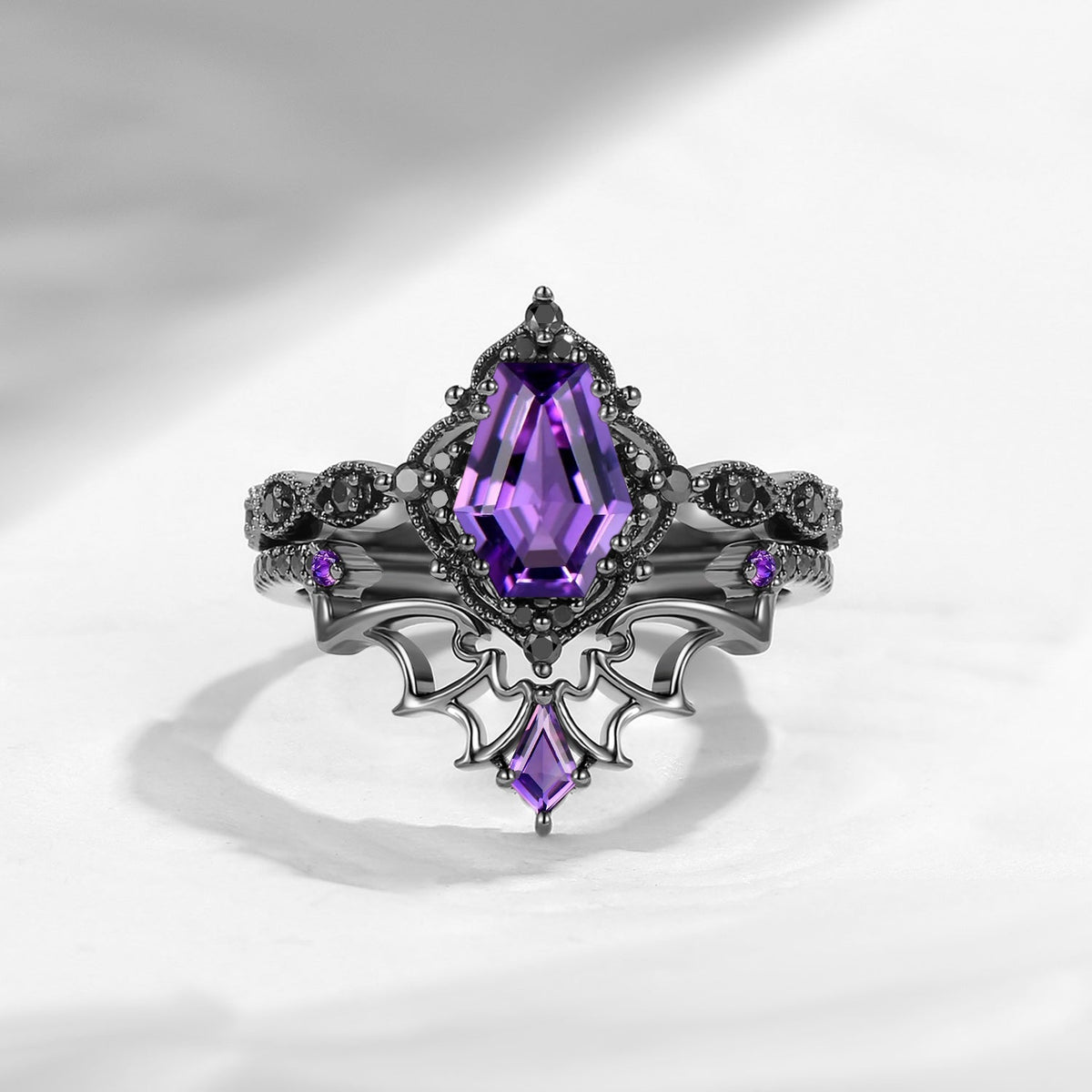 Gothic Inspired 'Dark Romance' Coffin Shaped Moss Agate Black Gold Engagement Ring Set 2pcs