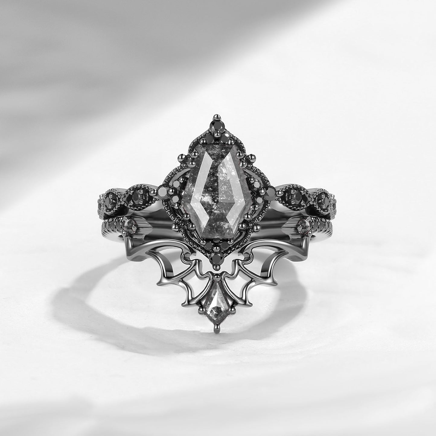 'Dark Romance' - Gothic Coffin Cut Amethyst Engagement Ring Set with Bat Wings in Black Gold