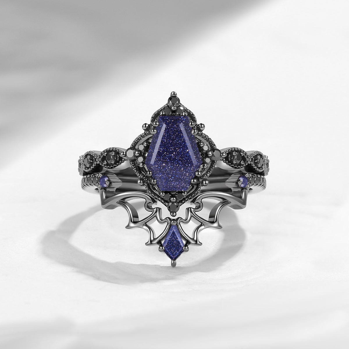 'Dark Romance' - Gothic Coffin Cut Amethyst Engagement Ring Set with Bat Wings in Black Gold