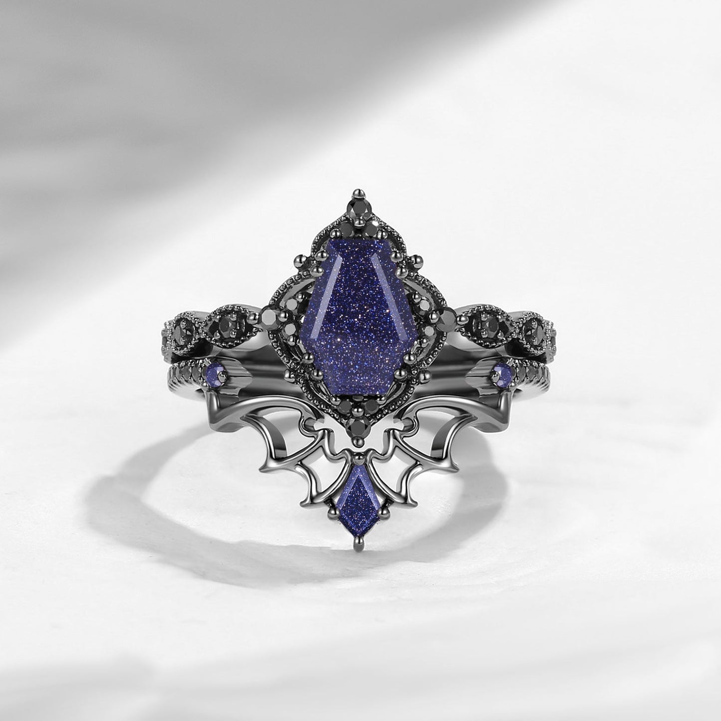 Gothic Inspired 'Dark Romance' Coffin Shaped Moss Agate Black Gold Engagement Ring Set 2pcs