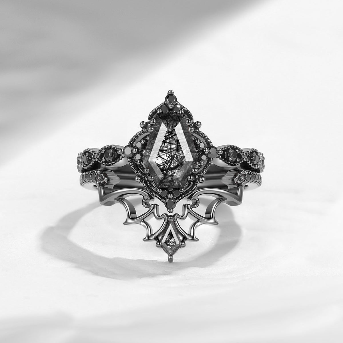 'Dark Romance' - Gothic Coffin Cut Amethyst Engagement Ring Set with Bat Wings in Black Gold