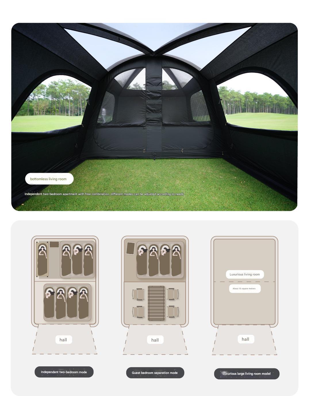 Vidalido POON SAAN PRO Portable 8-10 Person Banshan Villa Extra Large Semi-Automatic Cabin Style Black Tent Outdoor Camping 15m² Interior Space 2 Bedroom Waterproof 150D Titanium Silver Coated Sunscreen
