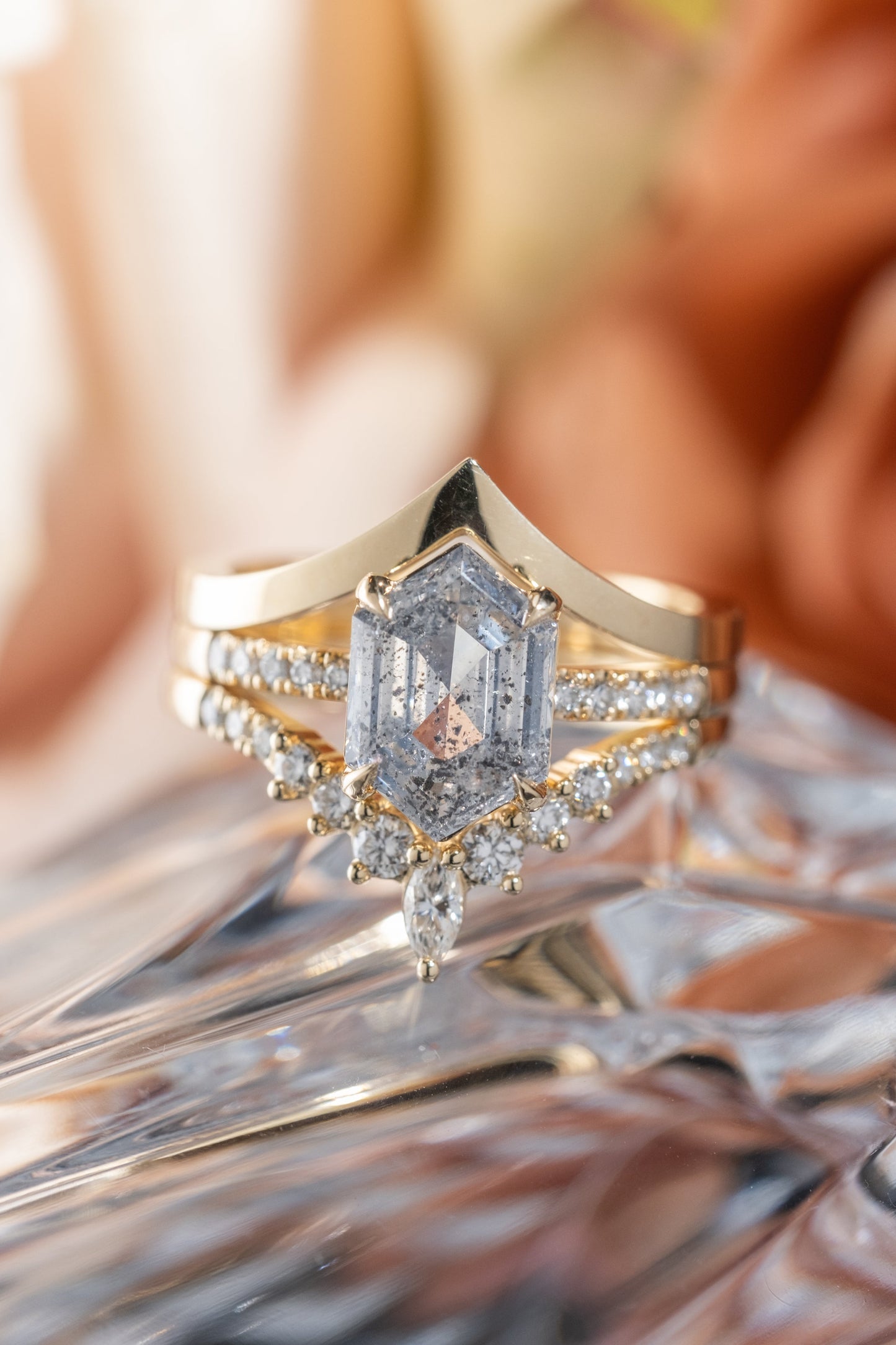 1.99 Carat Salt and Pepper Hexagon Diamond Engagement Ring, Jules Setting, 14K Yellow Gold