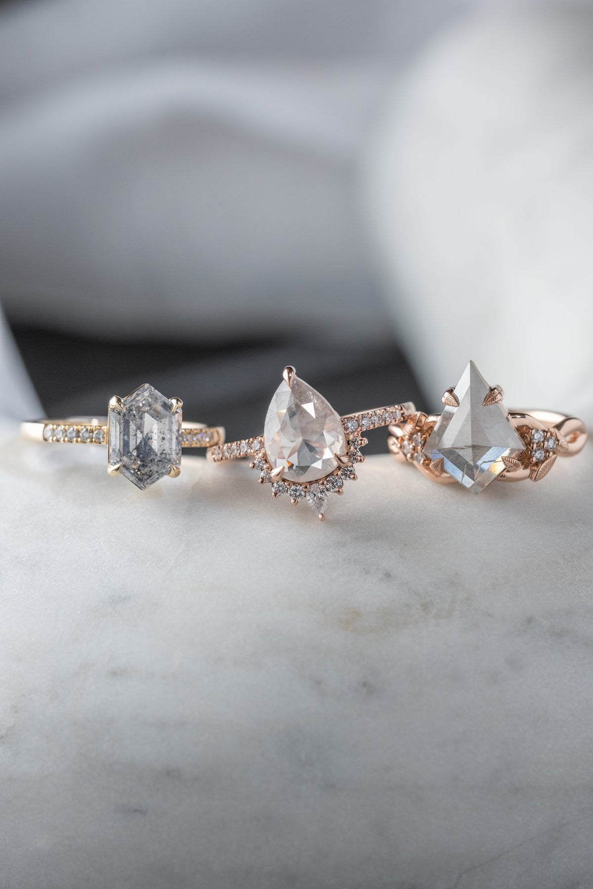 1.99 Carat Salt and Pepper Hexagon Diamond Engagement Ring, Jules Setting, 14K Yellow Gold