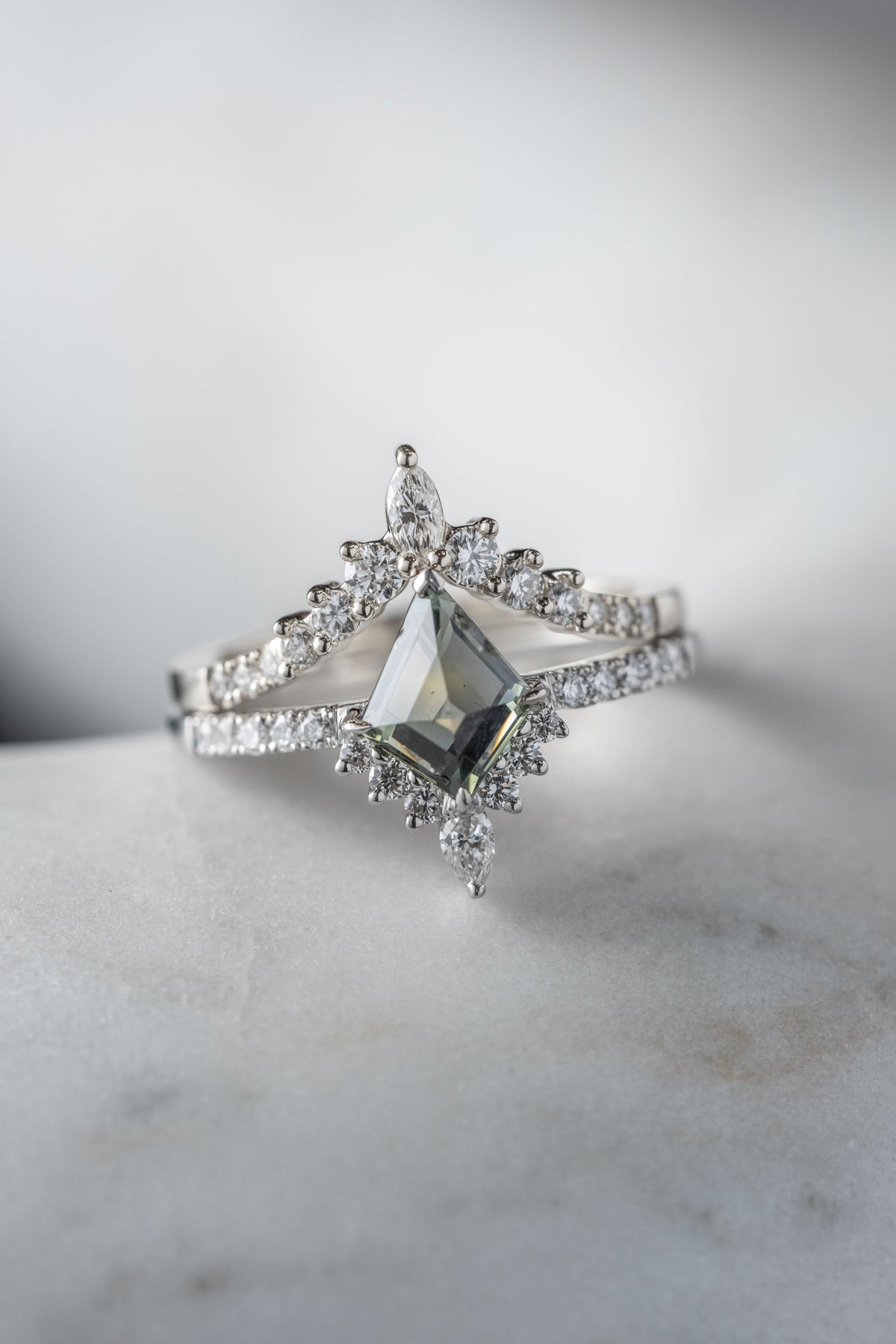 1.69 Carat Green Kite Sapphire and Diamond Engagement Ring, Avaline Setting