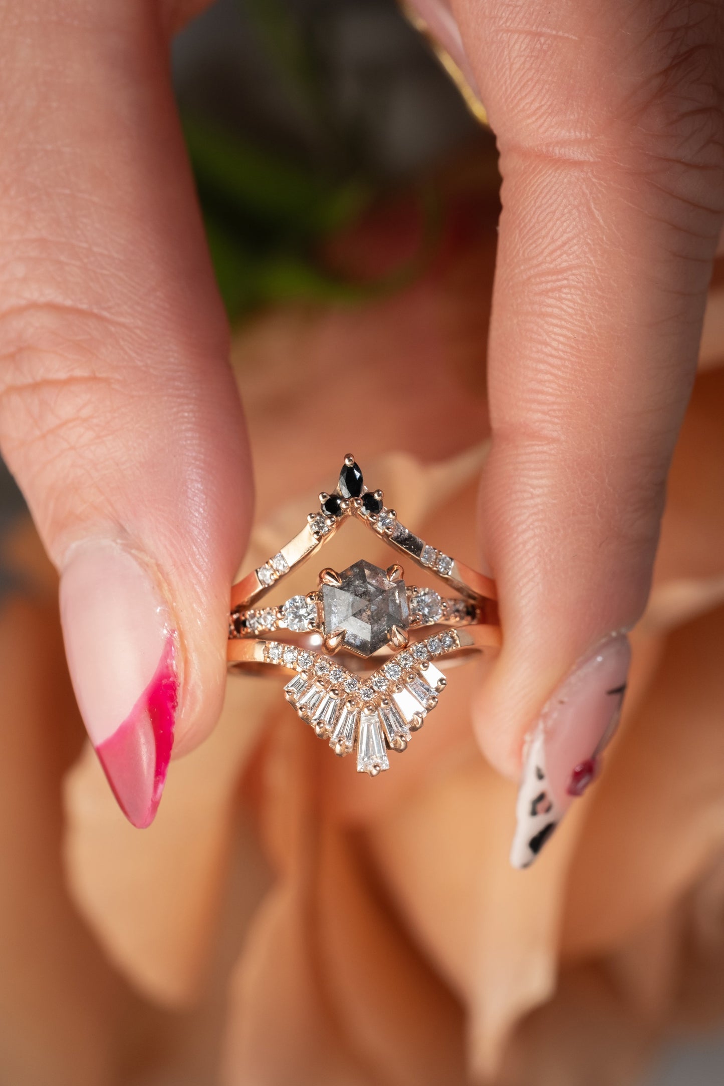 1.31 Carat Salt and Pepper Hexagon Diamond Engagement Ring, Ombre Eliza Setting