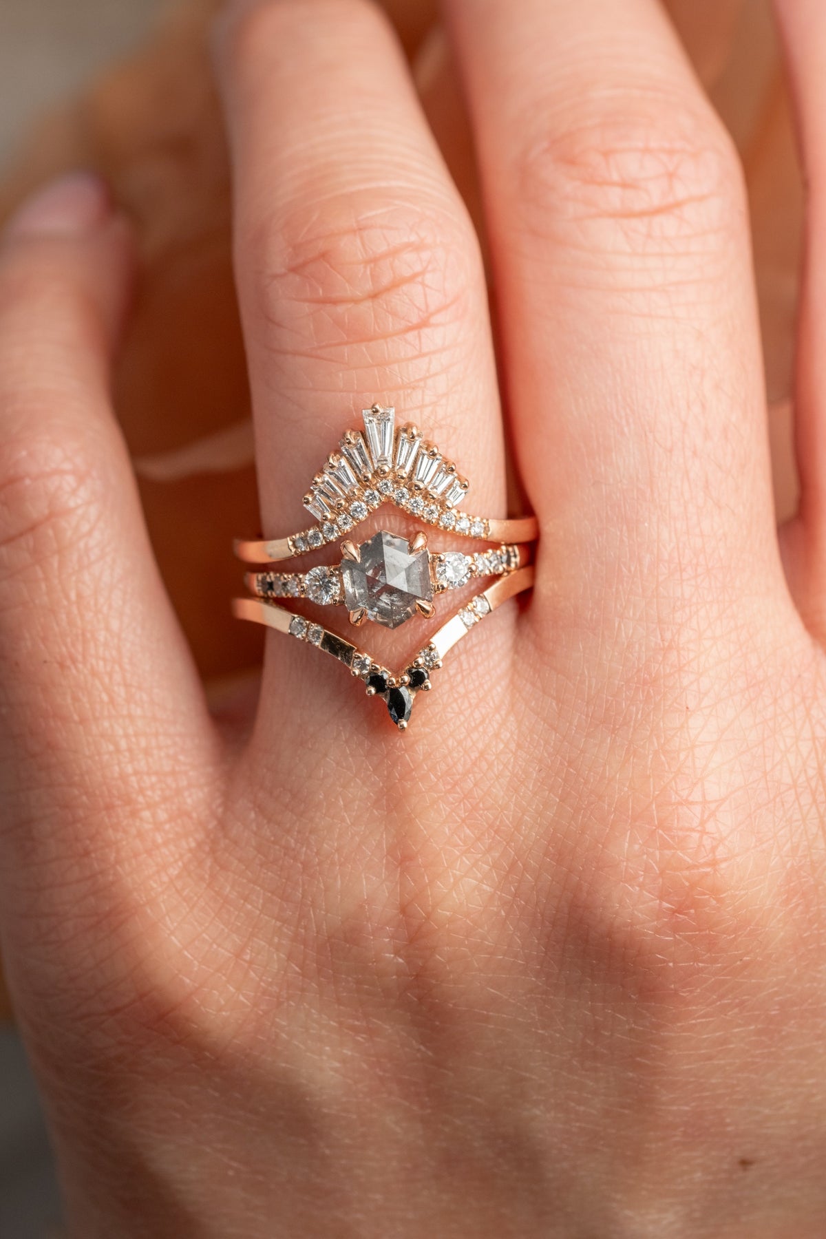 1.31 Carat Salt and Pepper Hexagon Diamond Engagement Ring, Ombre Eliza Setting