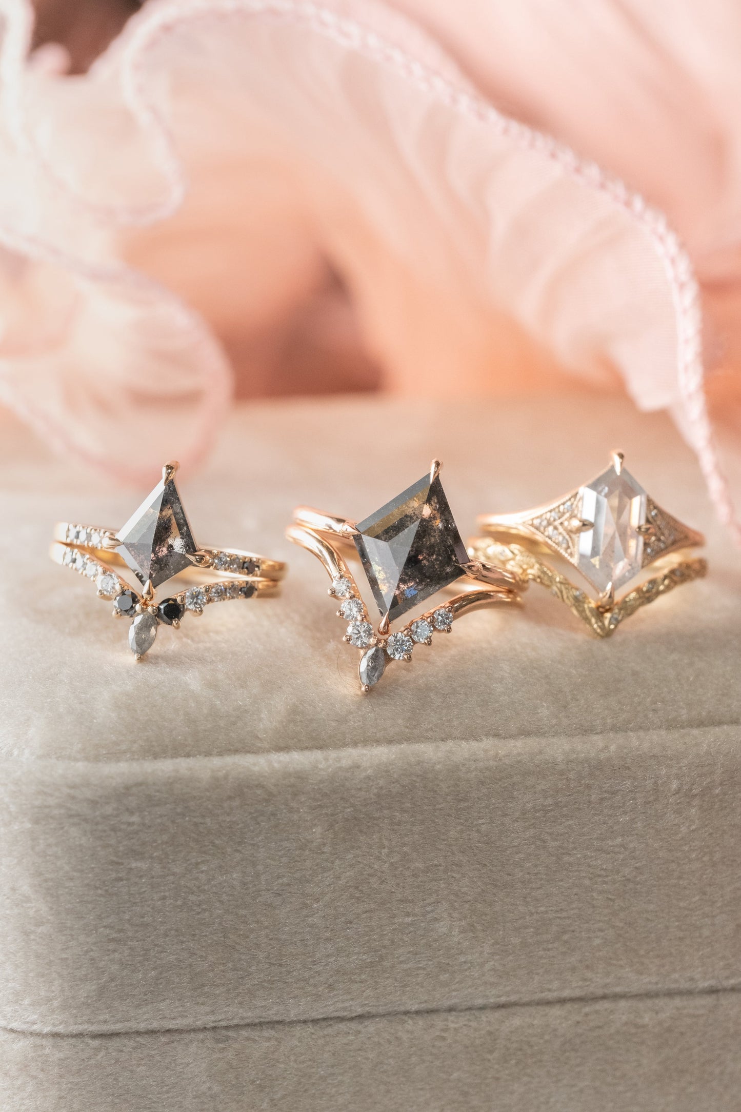 1.15 Carat Icy Salt and Pepper Hexagon Diamond Engagement Ring, Aela Setting