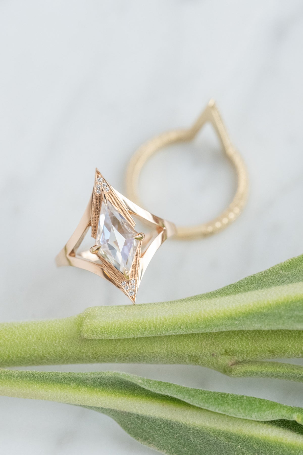1.03 Carat Kite Moissanite and Diamond Engagement Ring, Arwen Setting, 14k Peach Gold