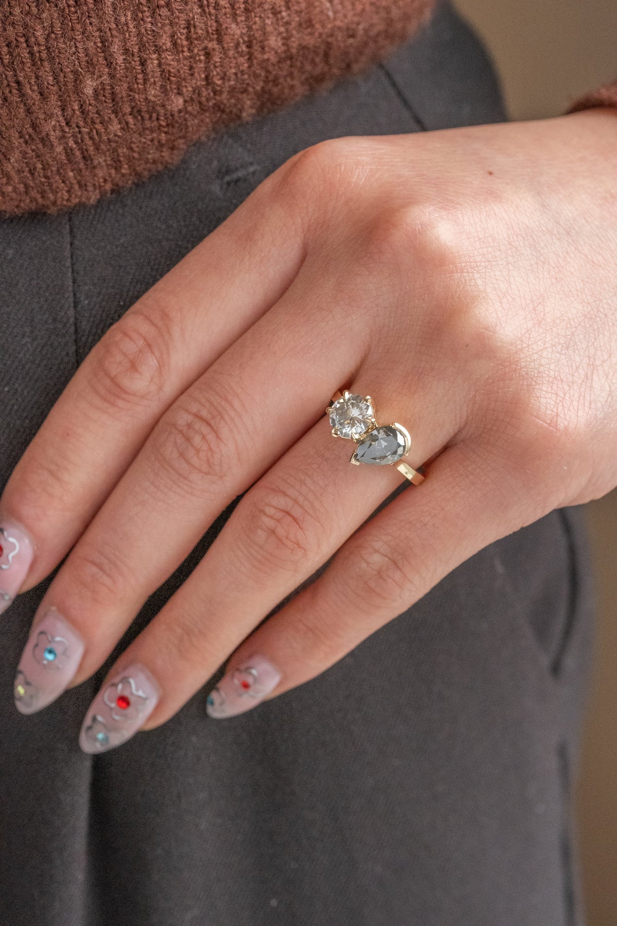 2.46 Carat Fancy Grey Pear and Round Diamond Engagement Ring, Odette Odile Setting, 14k Yellow Gold