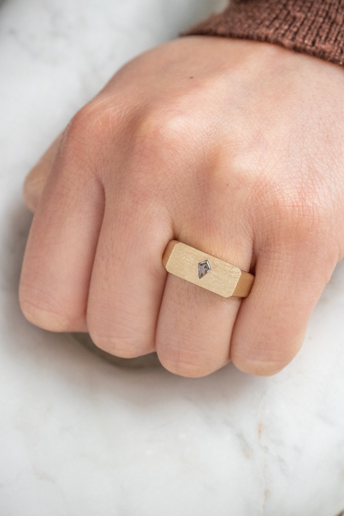 Centered Kite Diamond Men's Signet Style Wedding Ring, Matte