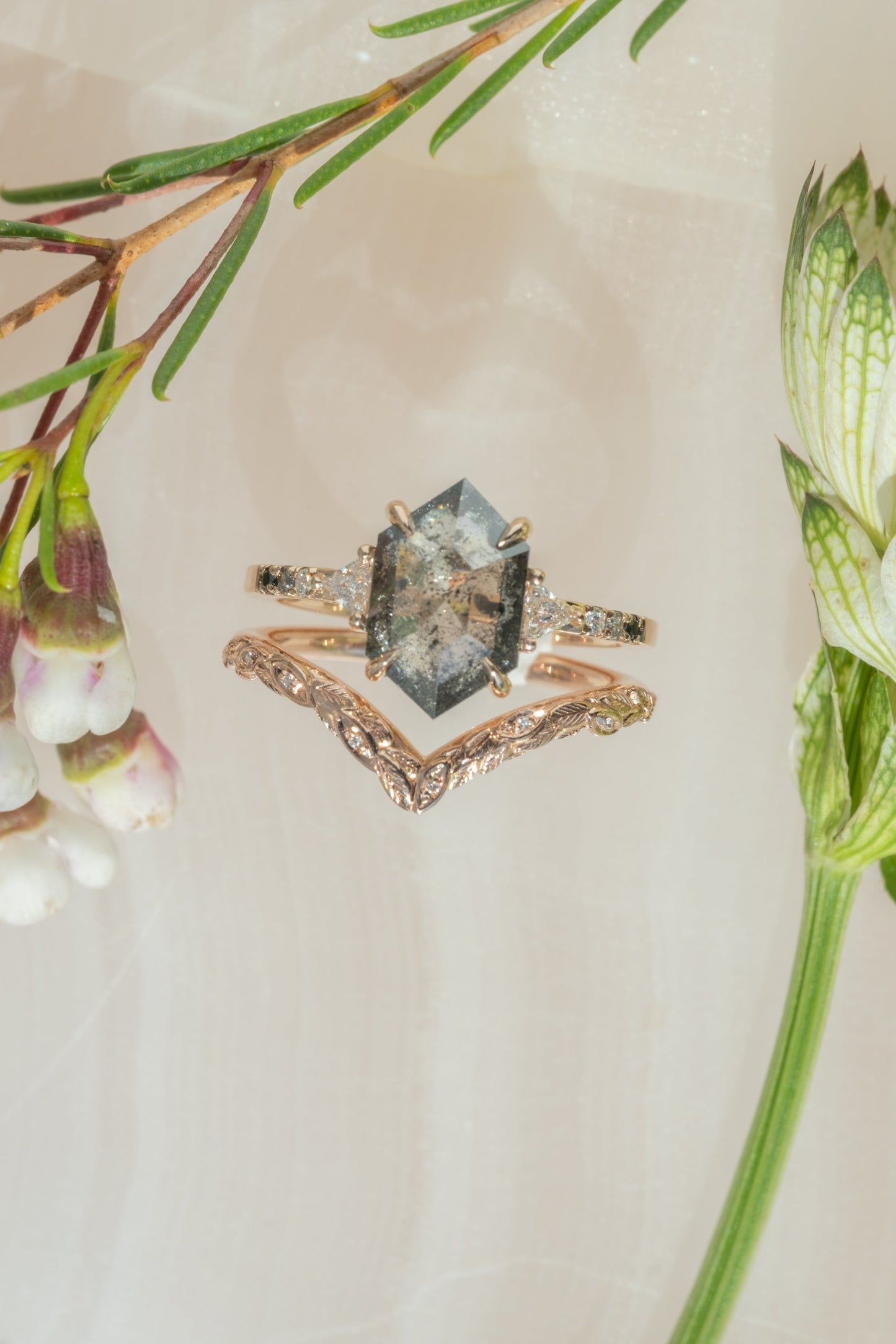 1.80 Carat Salt and Pepper Hexagon Diamond Engagement Ring, Ombre Eliza Setting