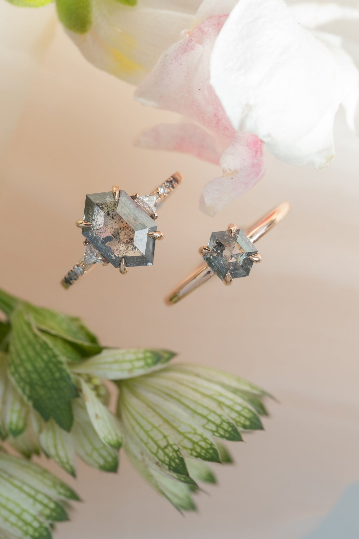 1.80 Carat Salt and Pepper Hexagon Diamond Engagement Ring, Ombre Eliza Setting