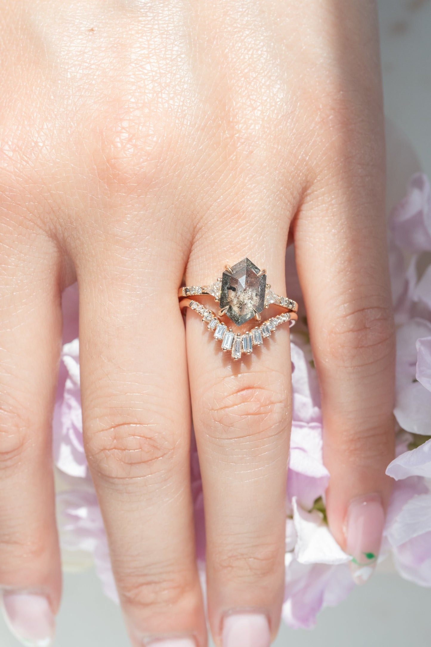 1.80 Carat Salt and Pepper Hexagon Diamond Engagement Ring, Ombre Eliza Setting