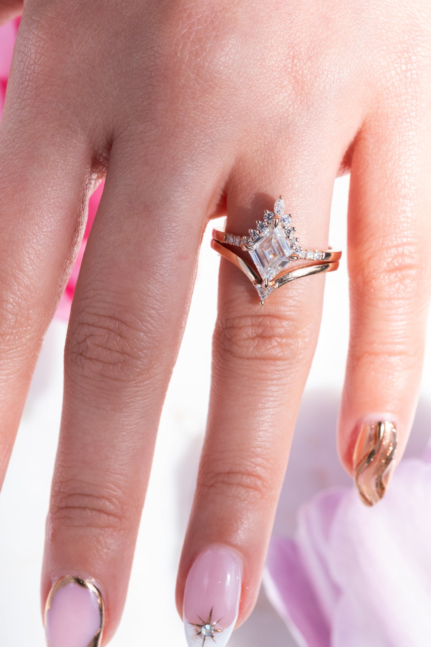 1.68 Carat Lozenge Moissanite Engagement Ring, Avaline Setting, 14k Rose Gold