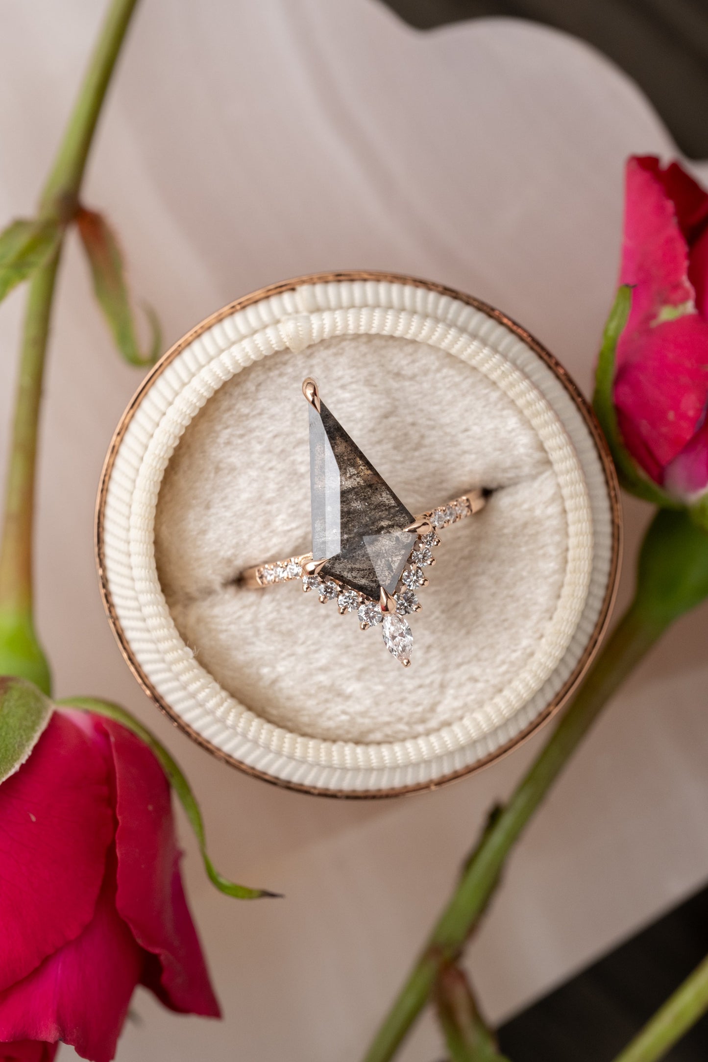 2.33 Carat Black Speckled Kite Diamond Engagement Ring, Avaline Setting, 14K Rose Gold