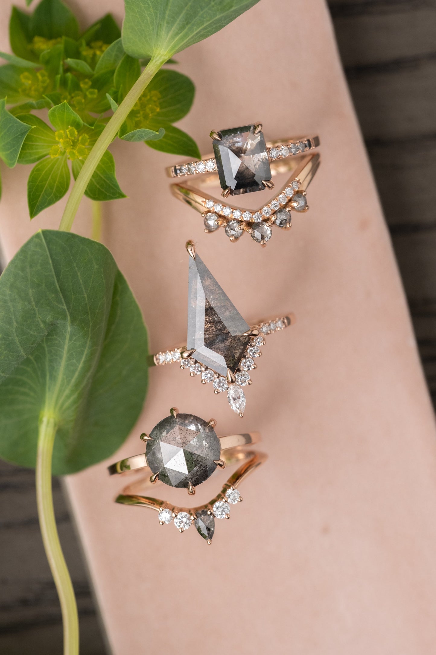 2.33 Carat Black Speckled Kite Diamond Engagement Ring, Avaline Setting, 14K Rose Gold
