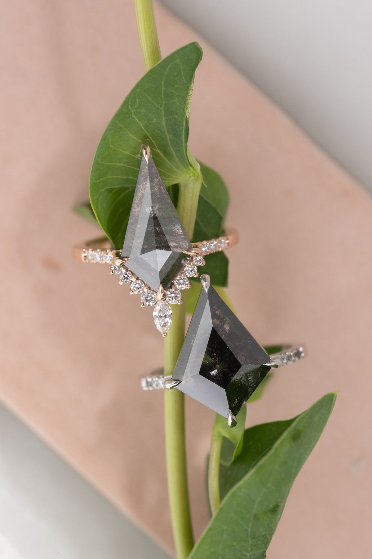 2.33 Carat Black Speckled Kite Diamond Engagement Ring, Avaline Setting, 14K Rose Gold