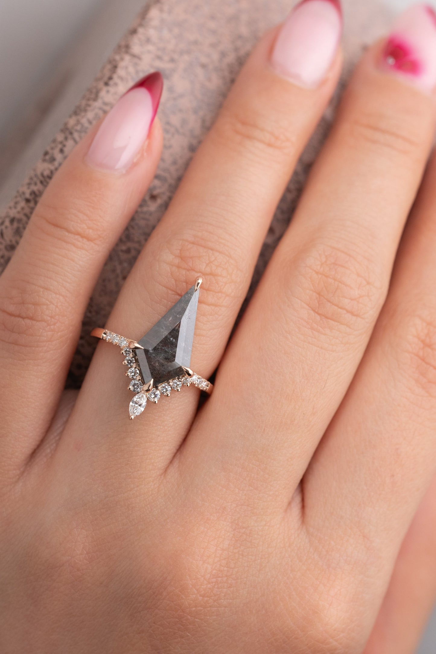 2.33 Carat Black Speckled Kite Diamond Engagement Ring, Avaline Setting, 14K Rose Gold