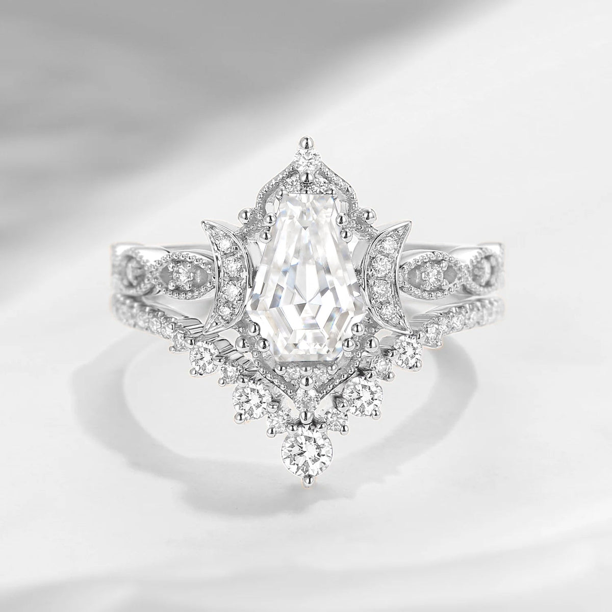 Crescent Moon | Coffin Cut Moissanite 'Till Death Do Us Part' Ring Set 2pcs