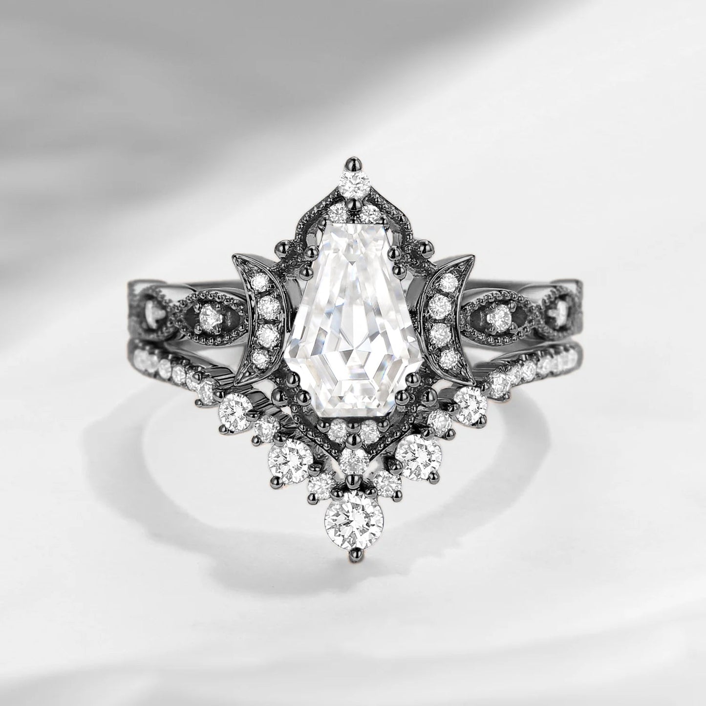 Crescent Moon | Coffin Cut Moissanite 'Till Death Do Us Part' Ring Set 2pcs