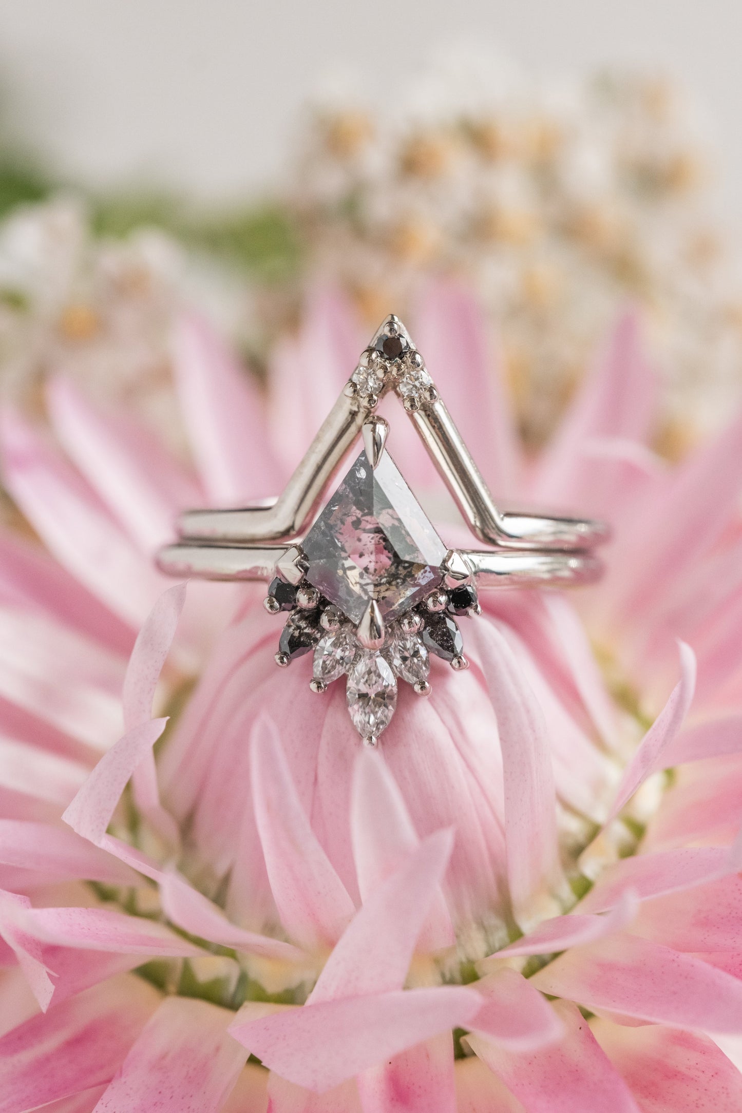 1.02 Carat Salt and Pepper Kite Diamond Engagement Ring, Ombre Cleo Setting