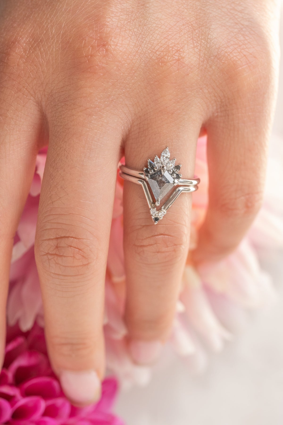 1.02 Carat Salt and Pepper Kite Diamond Engagement Ring, Ombre Cleo Setting