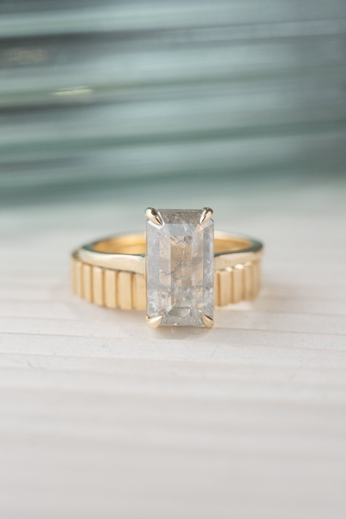 4.43 Carat Salt and Pepper Emerald Diamond Engagement Ring, Lark Setting, 14K Yellow Gold