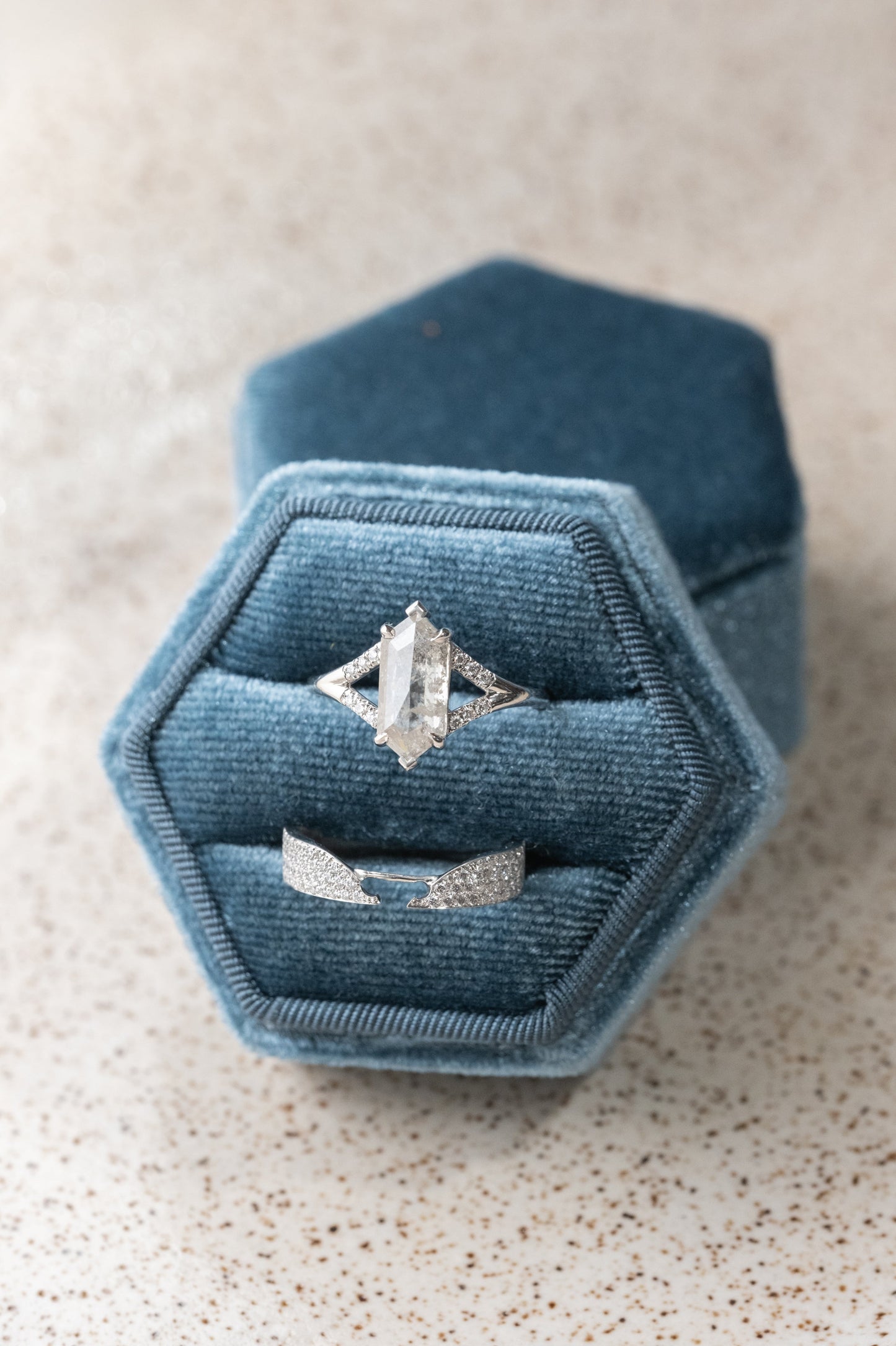 1.85 Carat Salt and Pepper Hexagon Diamond Engagement Ring, Sirena Setting, Platinum