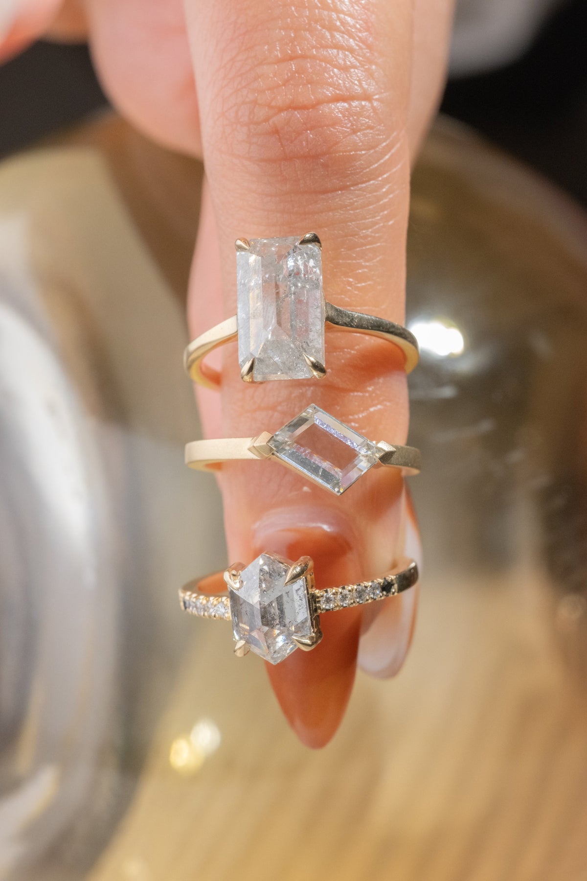 4.43 Carat Salt and Pepper Emerald Diamond Engagement Ring, Lark Setting, 14K Yellow Gold