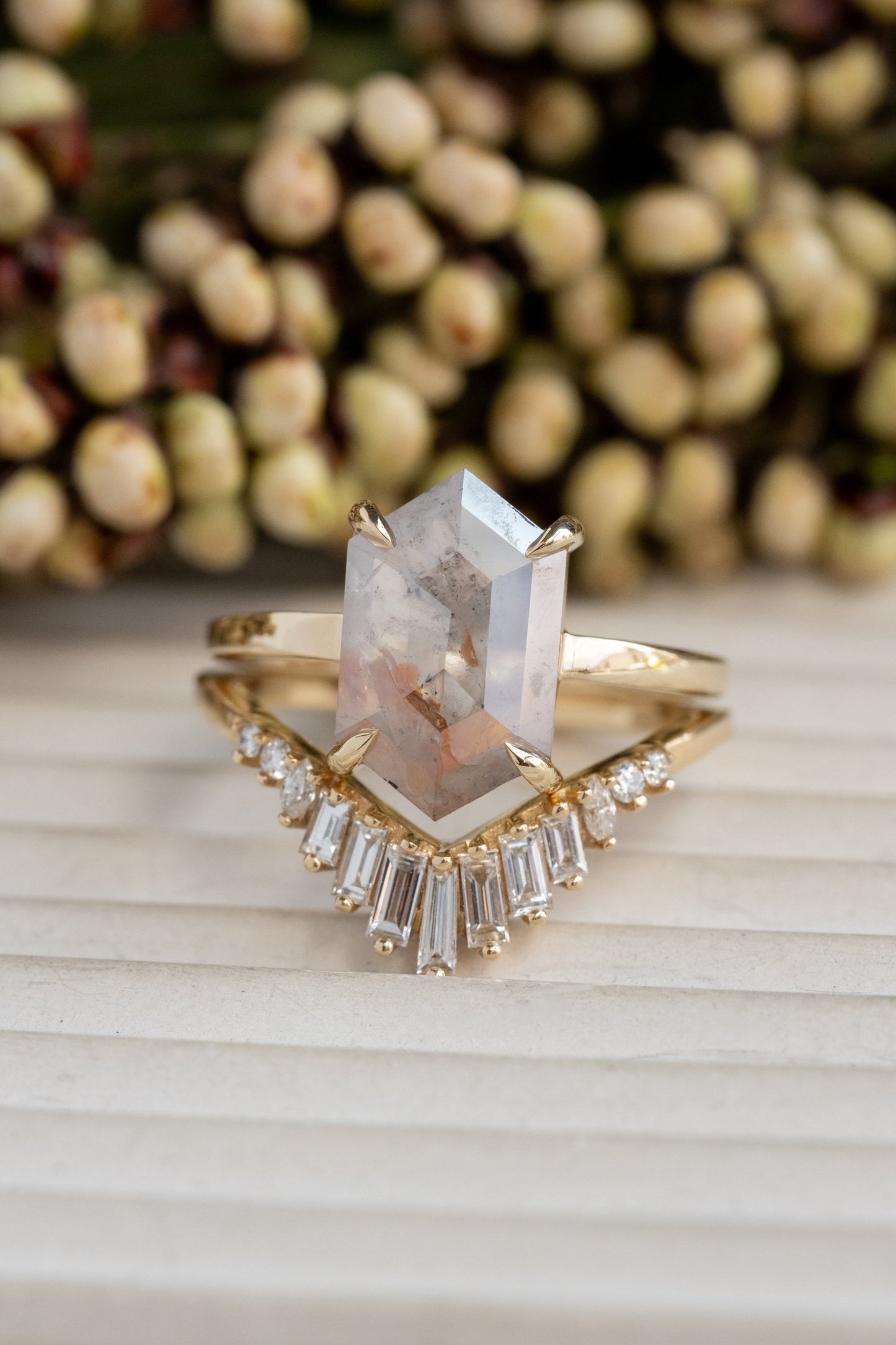 2.23 Carat Icy Grey with Orange Hexagon Diamond Engagement Ring, Jane Setting, 14k Yellow Gold