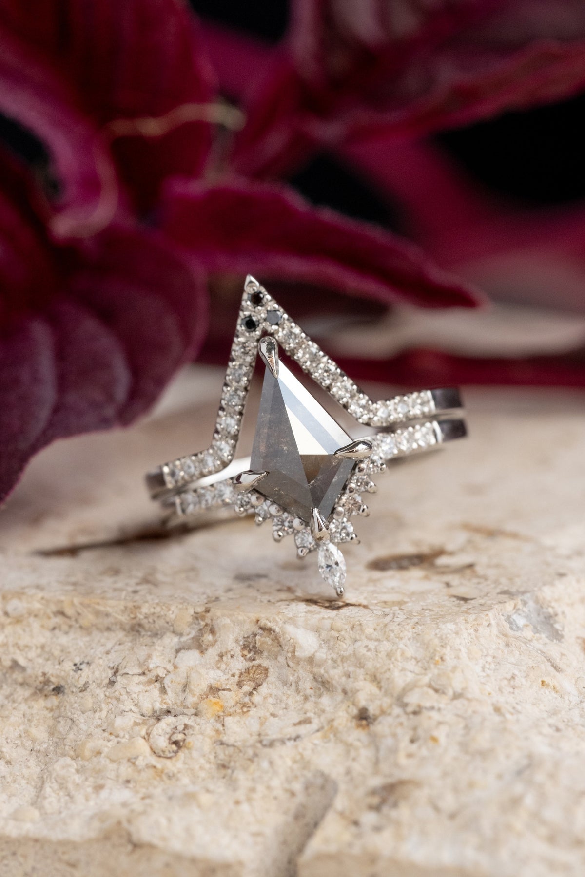 1.56 Carat Salt and Pepper Kite Diamond Engagement Ring, Avaline Setting, Platinum
