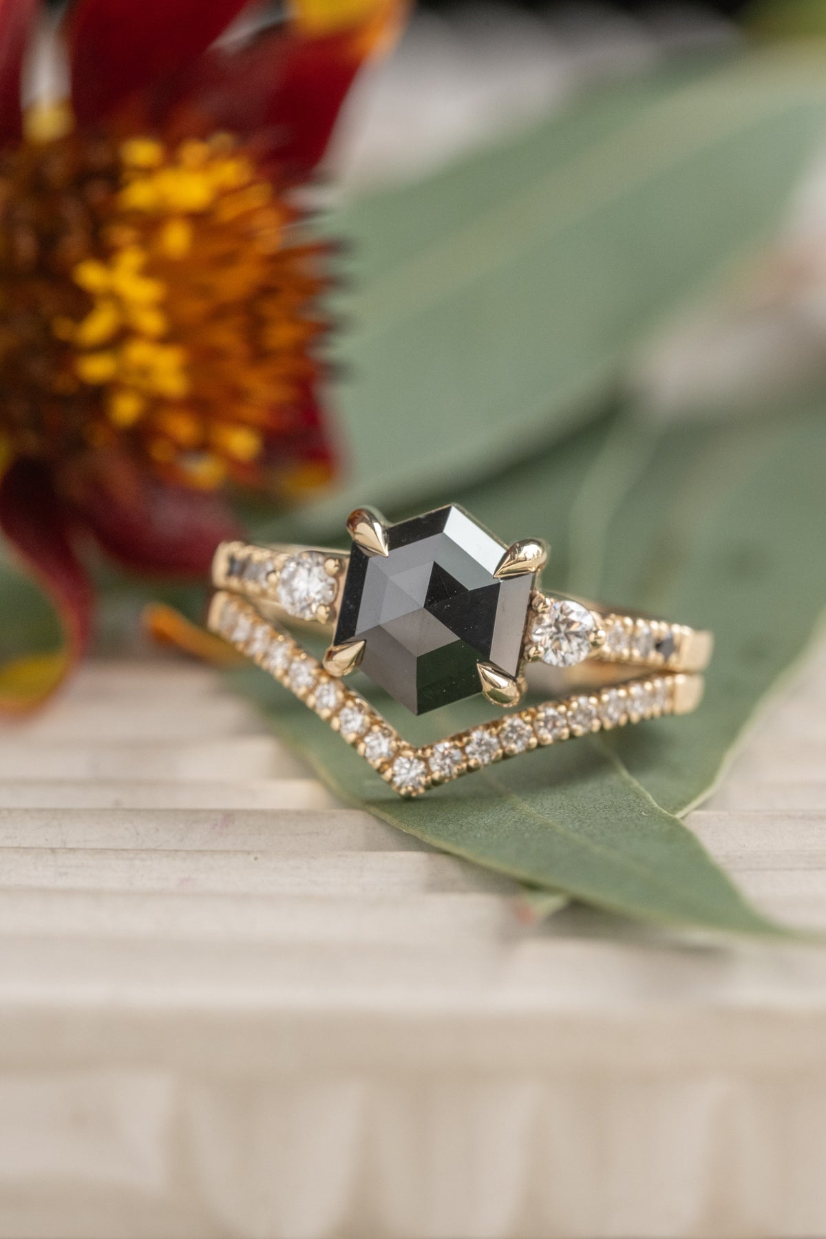 1.87 Carat Black Hexagon Diamond Engagement Ring, Ombre Eliza Setting
