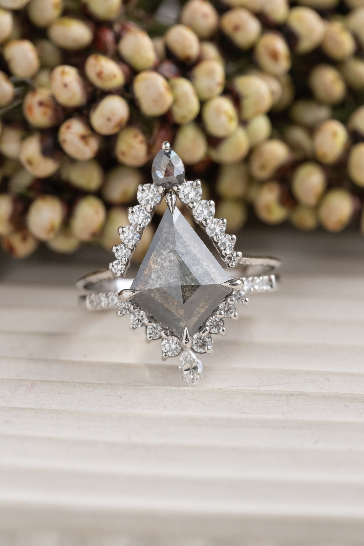 2.32 Carat Salt and Pepper Kite Diamond Engagement Ring, Avaline Setting, Platinum