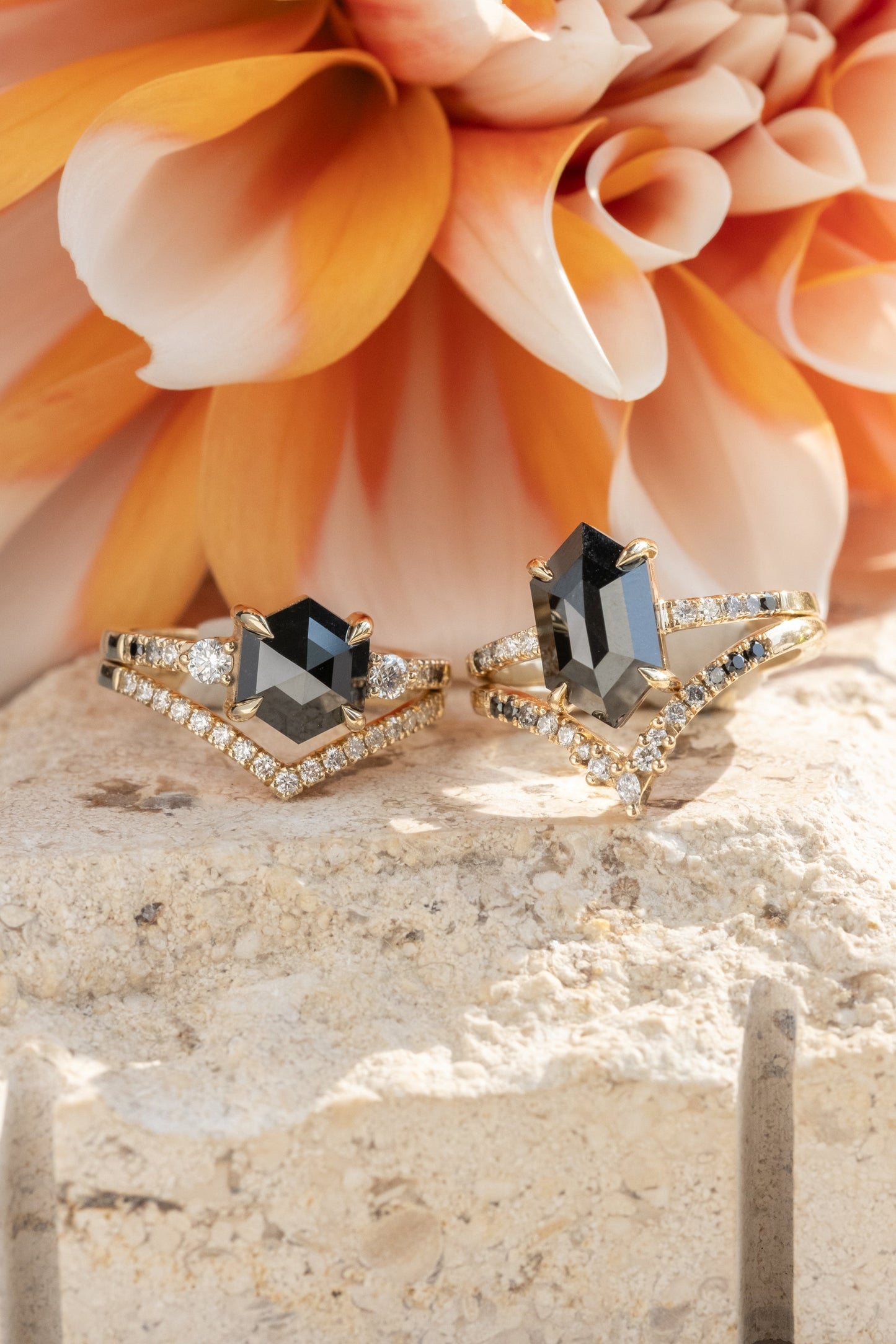 1.87 Carat Black Hexagon Diamond Engagement Ring, Ombre Eliza Setting