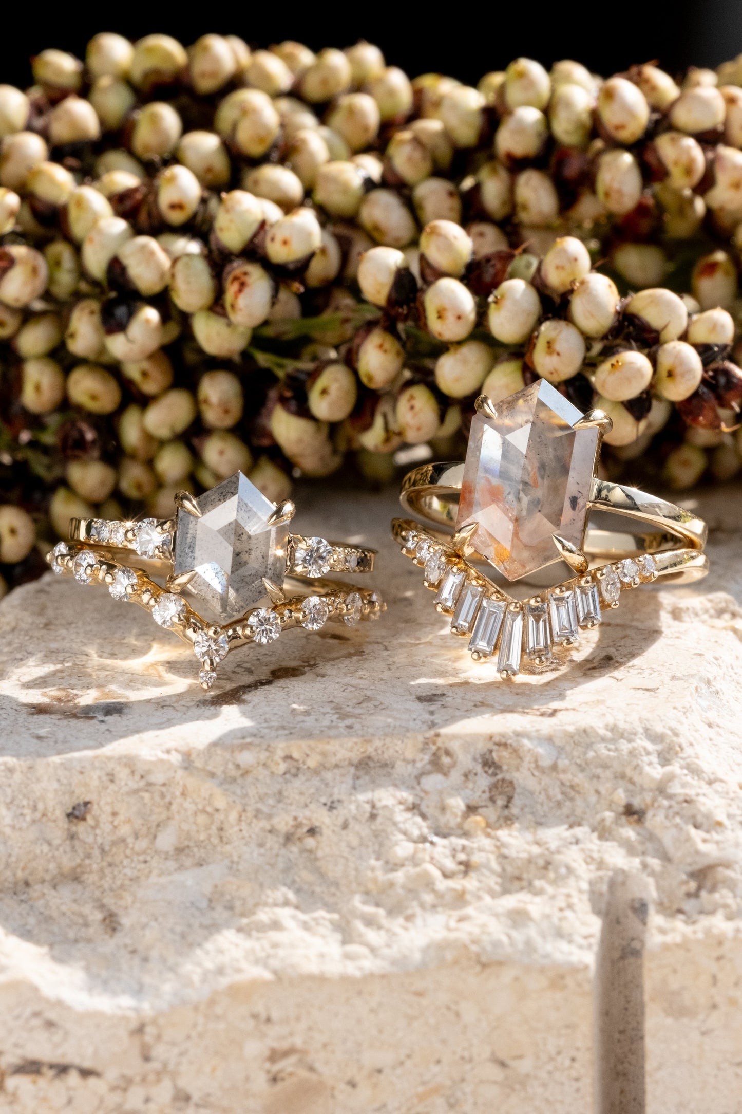 2.23 Carat Icy Grey with Orange Hexagon Diamond Engagement Ring, Jane Setting, 14k Yellow Gold