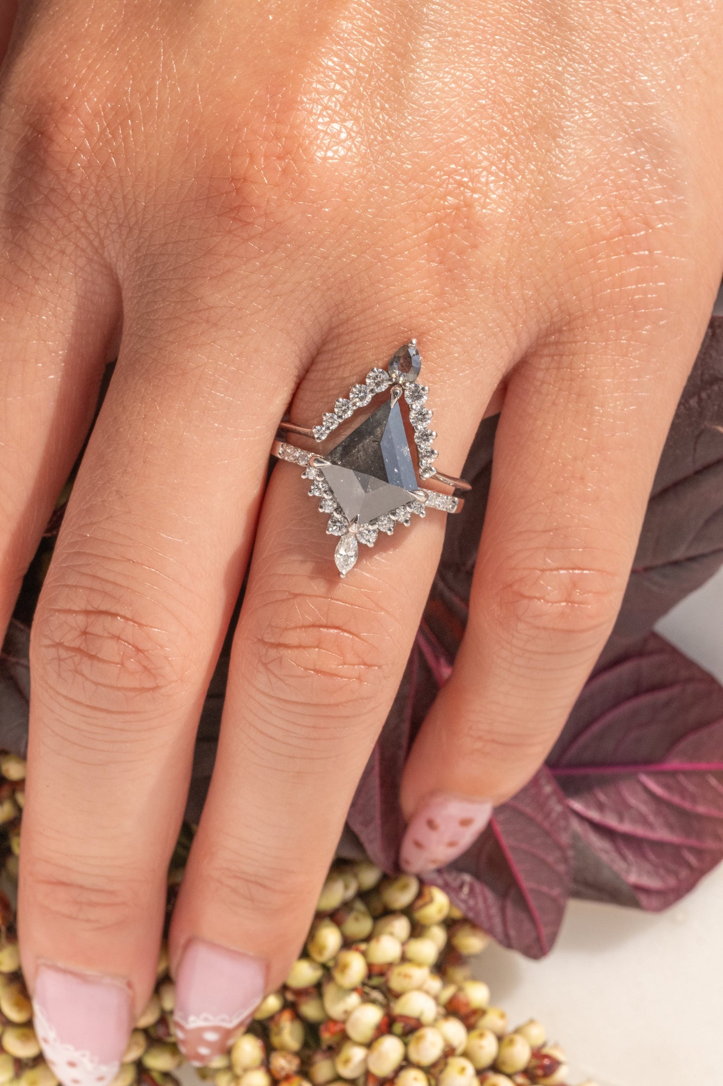 Cassie Wedding Ring, Salt and Pepper Pear, 11 Diamond, Knife Edge Band