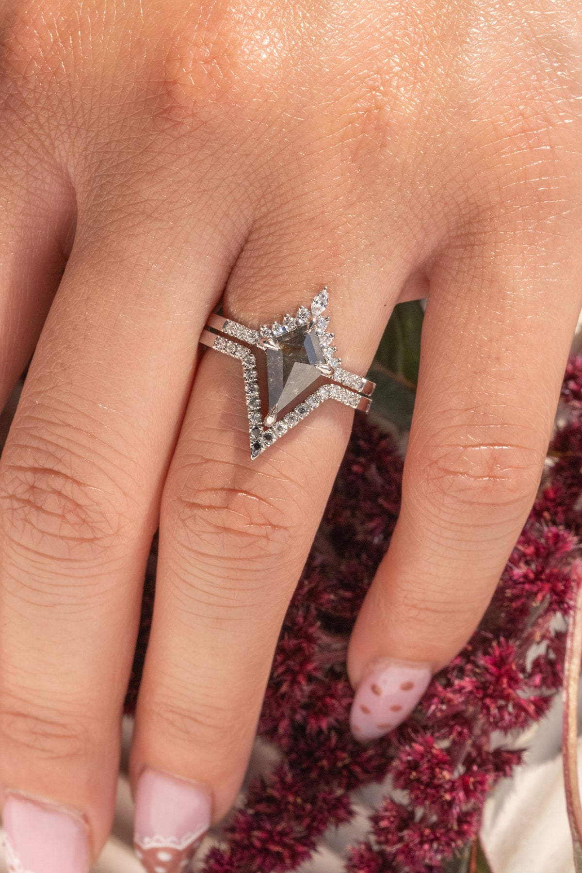 1.56 Carat Salt and Pepper Kite Diamond Engagement Ring, Avaline Setting, Platinum