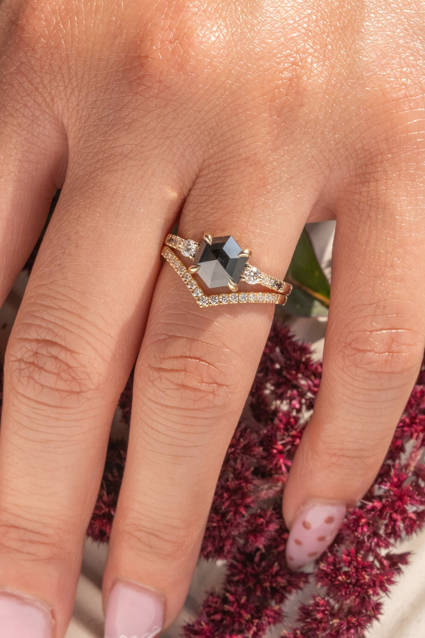 1.87 Carat Black Hexagon Diamond Engagement Ring, Ombre Eliza Setting