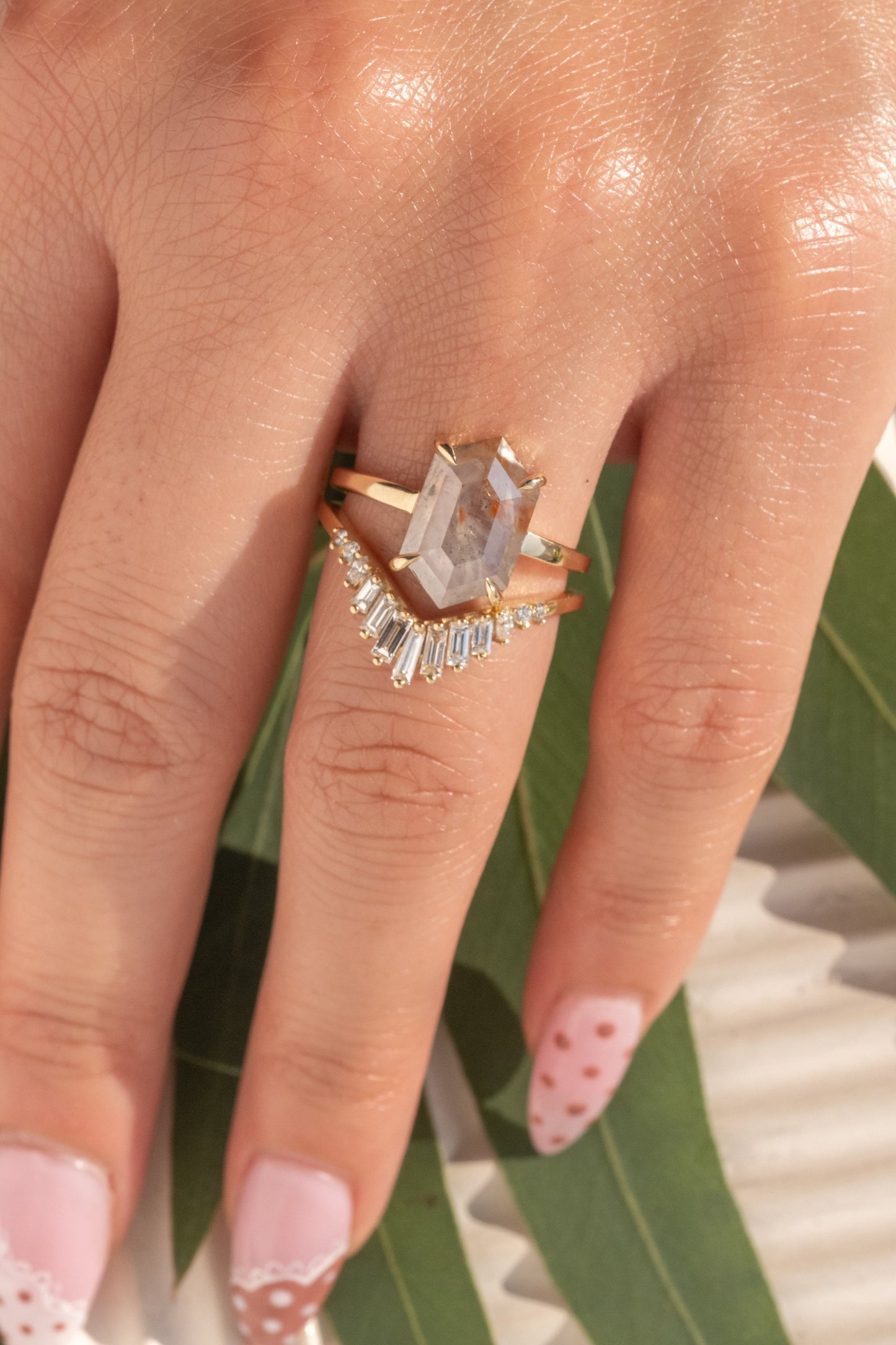 2.23 Carat Icy Grey with Orange Hexagon Diamond Engagement Ring, Jane Setting, 14k Yellow Gold